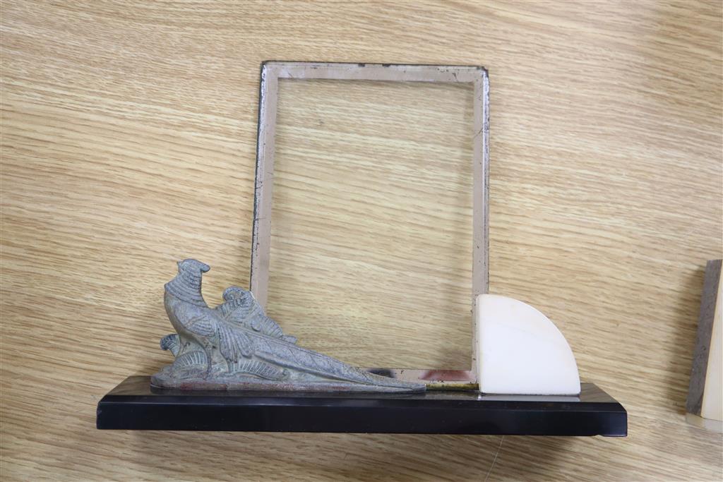 An Art Deco style female figure, 14cm, a lamp, a clock and a frame